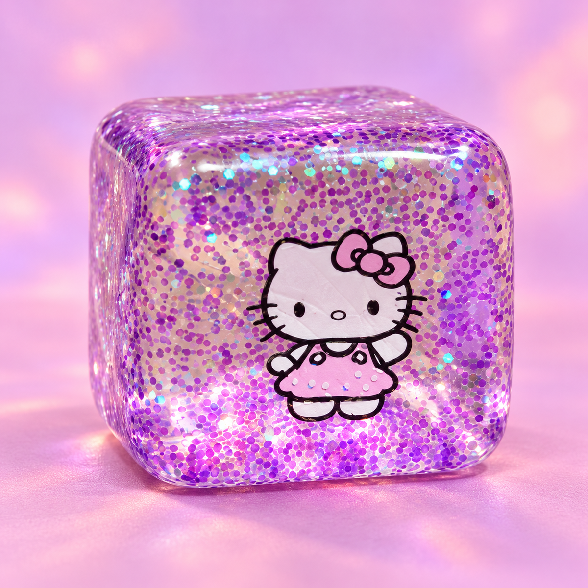 Kitty Glitter Squishy Cube – Purple Sensory Squeeze Toy