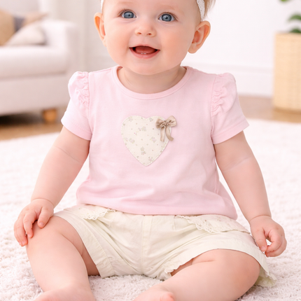 Baby Girl Puff Sleeve Heart Patch Pink T-Shirt & Cream Lace-Trimmed Shorts 2-Piece Summer Set