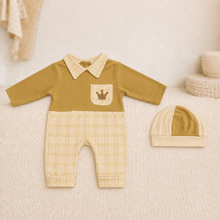 Baby Boys’ Crown Checkered Early-Winter Romper Set with Cap – Mustard & Cream