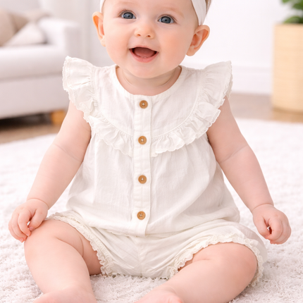 Baby Girl Off-White Summer Dress Set with Headband (3-Piece)
