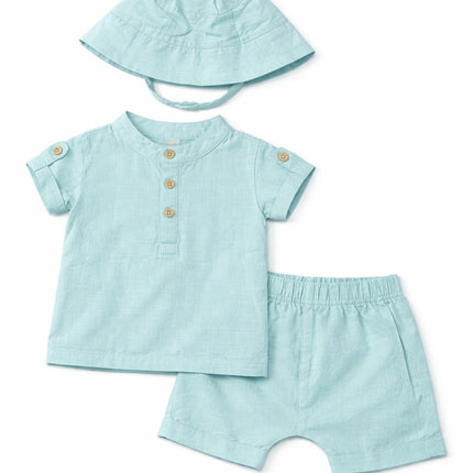 Baby Boy Mint Blue Summer Outfit Set with Hat (3-Piece)