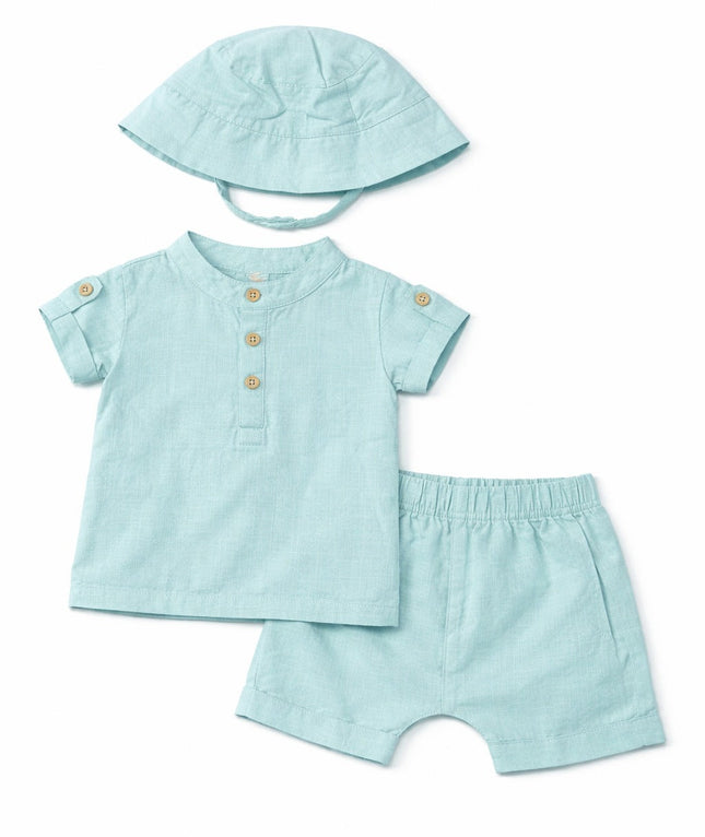 Baby Boy Mint Blue Summer Outfit Set with Hat (3-Piece)
