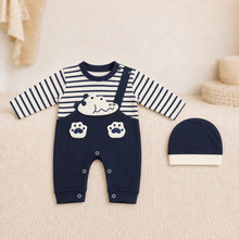 Dinosaur Early-Winter Romper Set with Cap – Navy & White