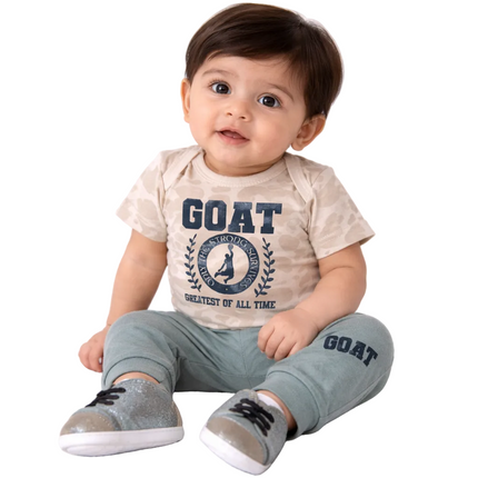 GOAT Baby Boy 3-Piece Outfit Set – Printed Bodysuit, Soft Pants & Sneakers