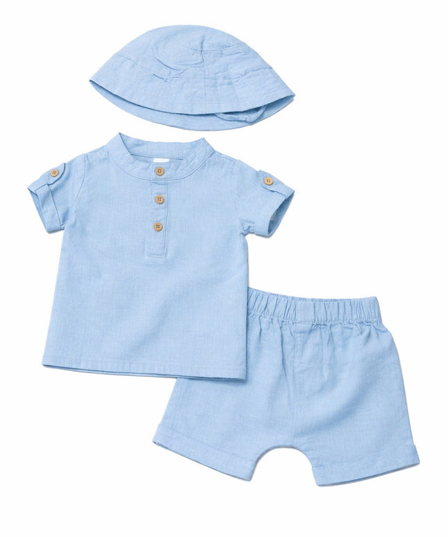Baby Boy Sky Blue Summer Outfit Set with Hat (3-Piece)