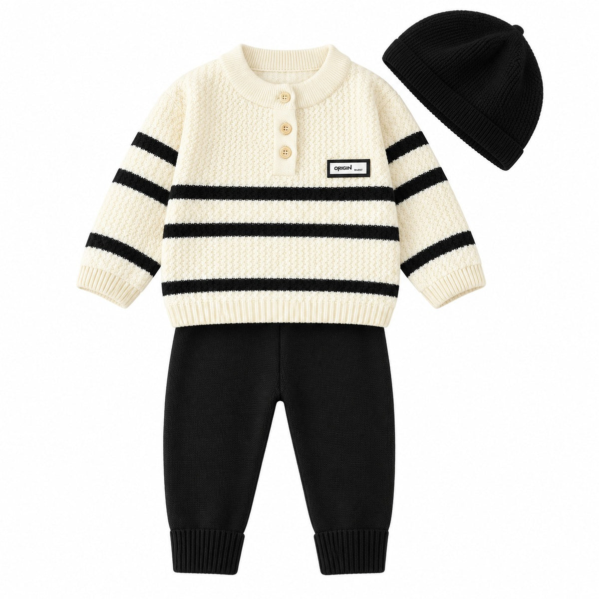 Baby Boys’ Striped Knitted Winter 3-Piece Set with Beanie