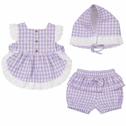 Lavender Gingham Baby Girl 3-Piece Outfit Set with Lace & Bonnet
