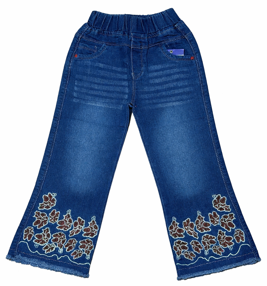 Girls Floral Embroidered Flared Denim Pants – Stretchable Bell Bottom Jeans