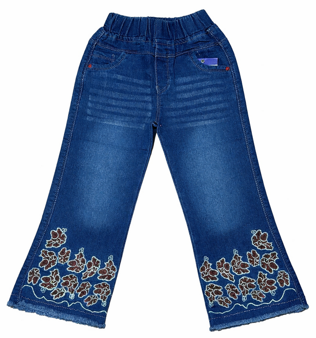 Girls Floral Embroidered Flared Denim Pants – Stretchable Bell Bottom Jeans