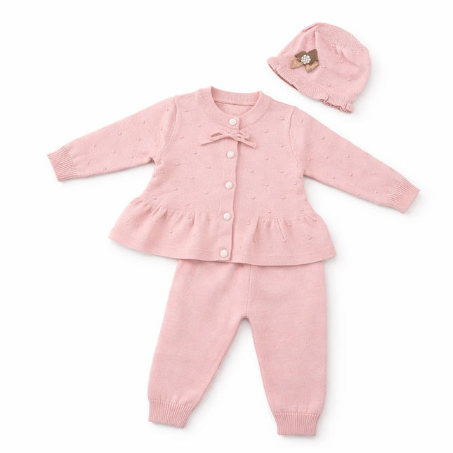 Sweet Knit Baby Outfit Set with Hat for 0–9 Months – Blush Pink Three-Piece Set