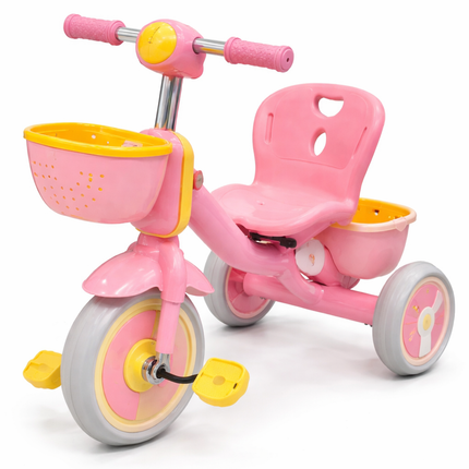 Kids Ride-On Tricycle with Storage Basket & Comfortable Seat – Pink & Yellow