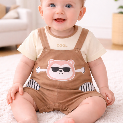 Cute Baby Bear Dungaree Set with T-Shirt – Soft Cotton Summer Outfit (2-Piece)