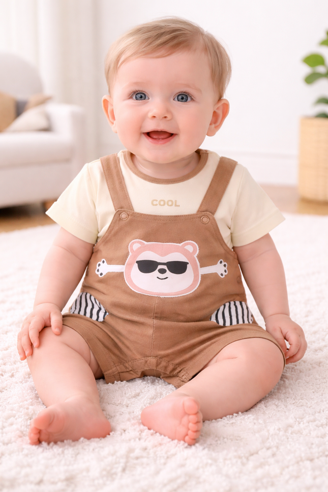 Cute Baby Bear Dungaree Set with T-Shirt – Soft Cotton Summer Outfit (2-Piece)