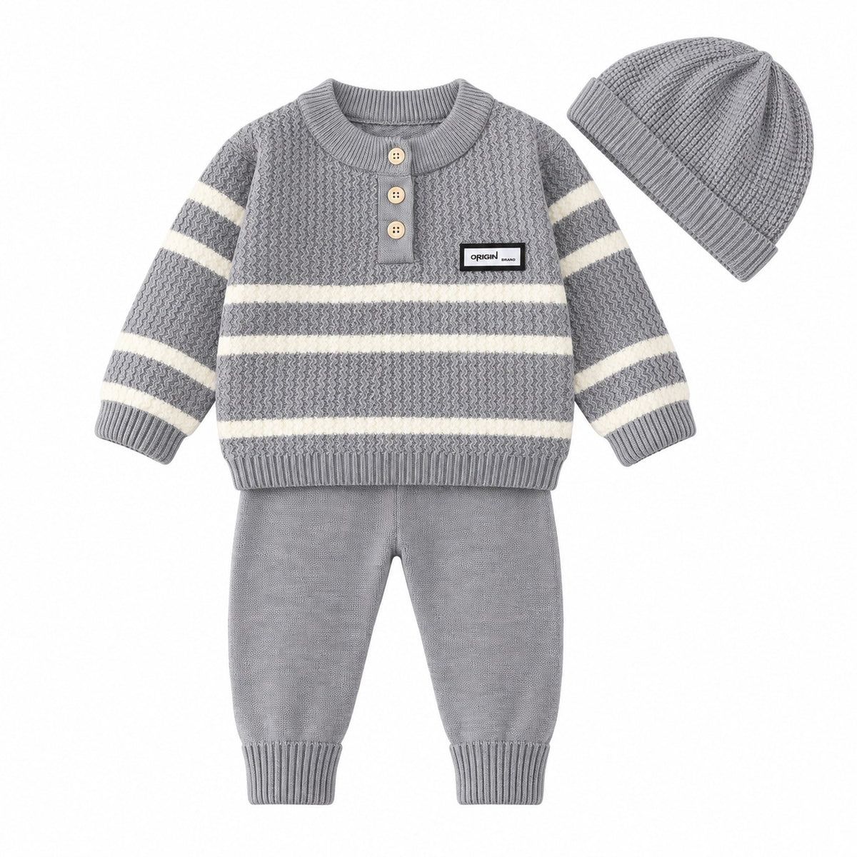 Baby Boys’ Striped Knitted Winter 3-Piece Set with Beanie