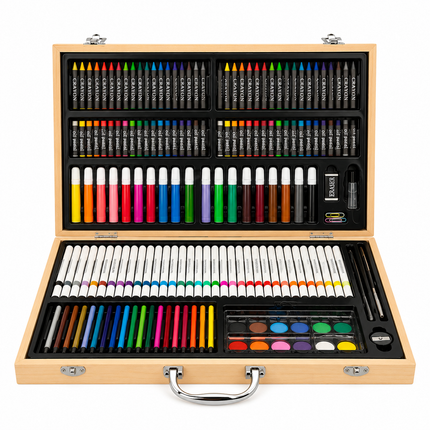 180-Piece Deluxe Wooden Art Set – Complete Drawing & Coloring Kit with Crayons, Watercolor Pens, Oil Pastels & Accessories