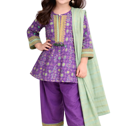 Traditional Purple Baby Girl 3-Piece Ethnic Suit Set (Kurti, Trouser & Dupatta)