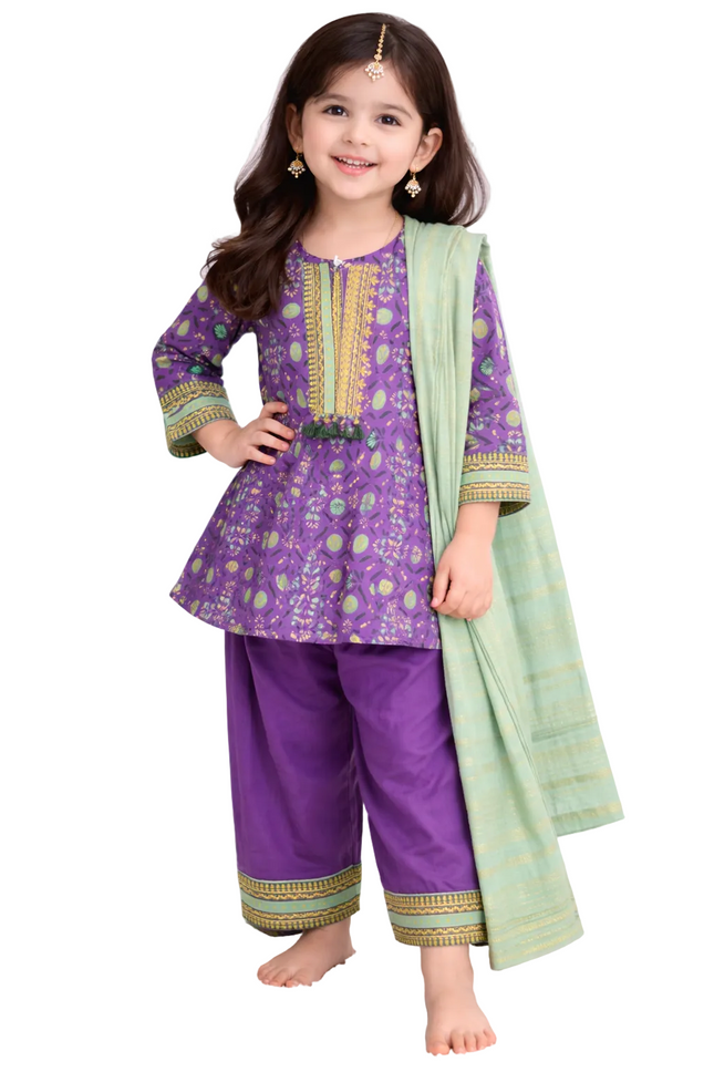 Traditional Purple Baby Girl 3-Piece Ethnic Suit Set (Kurti, Trouser & Dupatta)