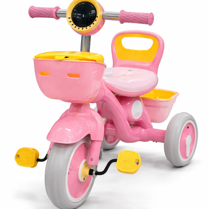 Kids Ride-On Tricycle with Storage Basket & Comfortable Seat – Pink & Yellow