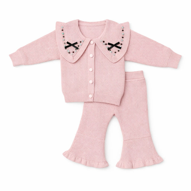 Elegant Knit Baby Outfit Set for 0–12 Months – Soft Pink Cardigan & Flared Pants Two-Piece Set