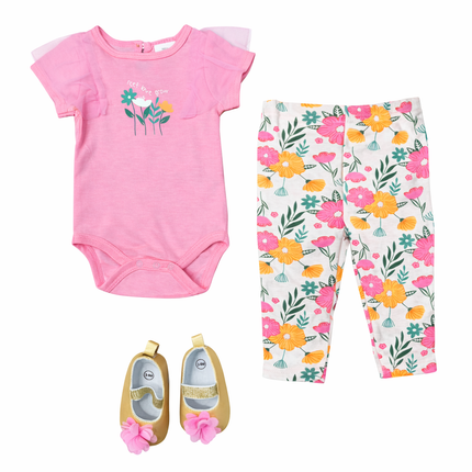 Floral Garden Baby Girl 3-Piece Outfit Set – Pink Bodysuit, Printed Leggings & Matching Shoes