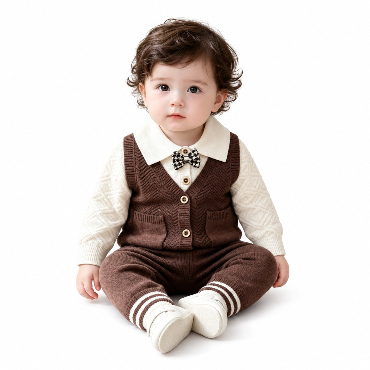 Baby Boys’ Gentleman Bow-Tie Knitted Winter 2-Piece Set – Brown & Cream