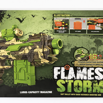 Flames Storm Soft Bullet Gun – Large Capacity Magazine Blaster with 16 Soft Bullets (Green Camo