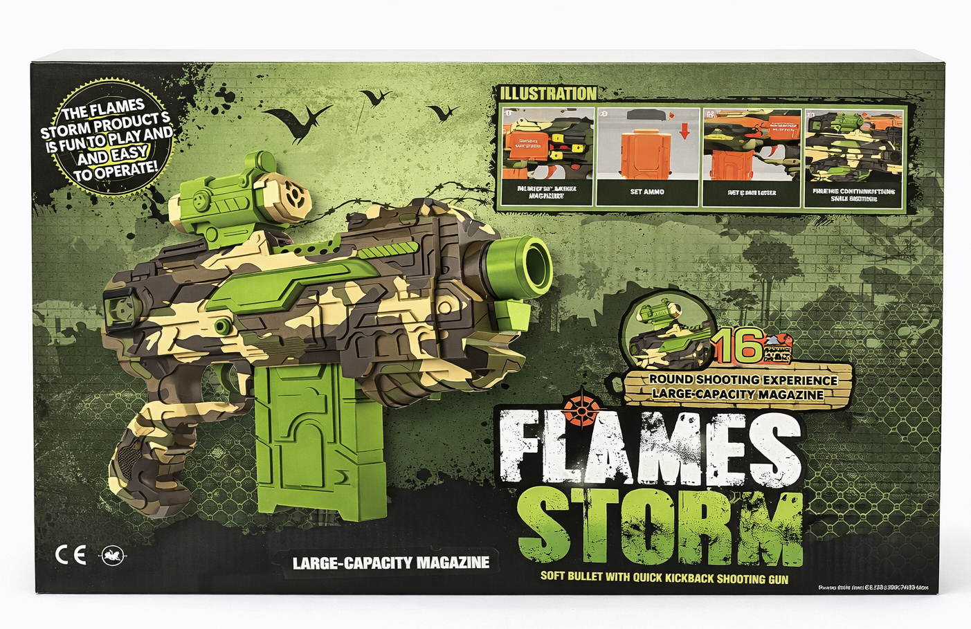 Flames Storm Soft Bullet Gun – Large Capacity Magazine Blaster with 16 Soft Bullets (Green Camo