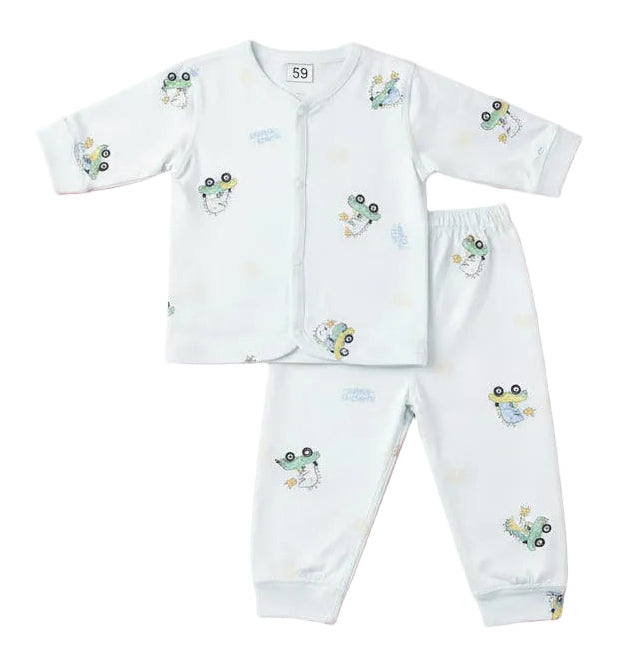 Newborn Baby 2-Piece fleece Cotton Suit – Front Open Shirt & Trouser Set (Cute Dino Car Print)