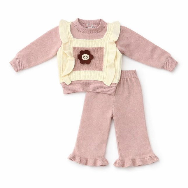 Blush Pink Knitted Baby Girl Top & Pants Set with Floral Patch – 2-Piece Winter Outfit