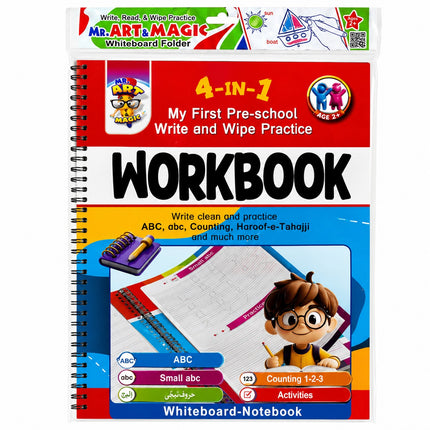 4-in-1 Reusable Write & Wipe Preschool Workbook – ABC, abc, Counting & Urdu Haroof-e-Tahajji Practice