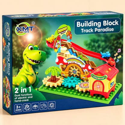 Adventure Track & Building Blocks – 2-in-1 Gear Slide Racing