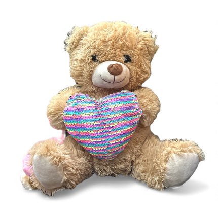 Brown Teddy Bear with Sparkling Heart – Colorful Sequin Plush Toy