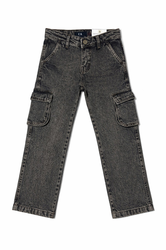 Kids Grey Washed Cargo Denim Jeans with Side Pockets (Boys/Girls)