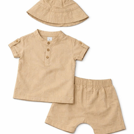 Baby Boy Classic Beige Summer Outfit Set with Hat (3-Piece)