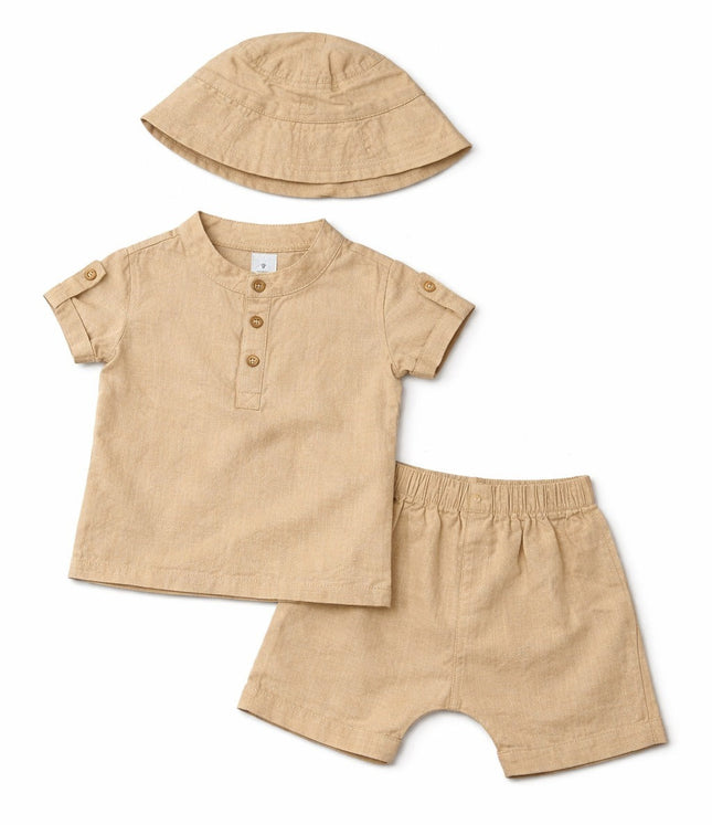 Baby Boy Classic Beige Summer Outfit Set with Hat (3-Piece)