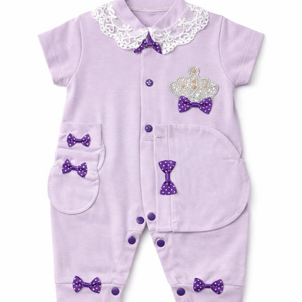 Elegant Baby Girl Lavender Romper with Lace Collar & Crown Design