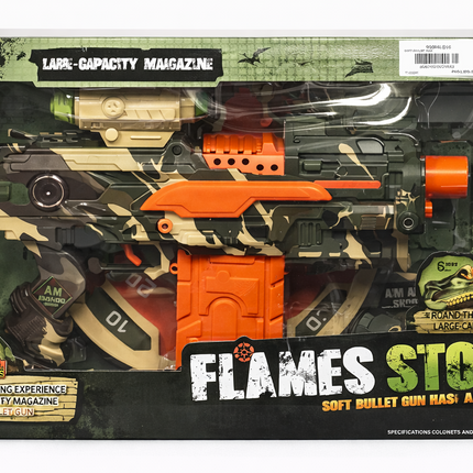 Flames Storm Soft Bullet Gun – Large Capacity Magazine Blaster with 16 Soft Bullets (Green Camo