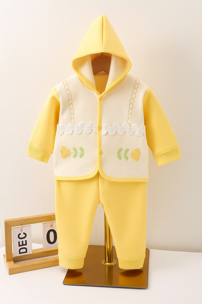Cute Yellow Floral Hooded Winter Suit for Babies (2-Piece Set)