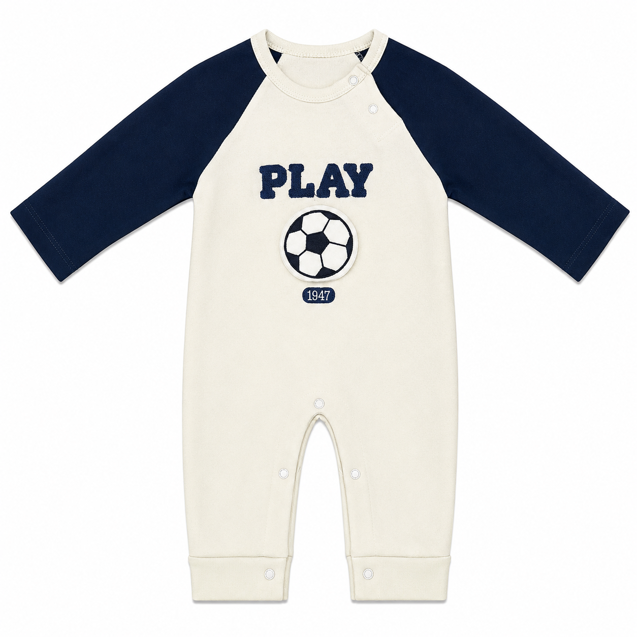 Baby Boy Football Appliqué Full-Sleeve Romper – Cream & Navy