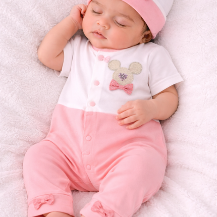 Baby Girl 4-Piece Summer Romper Set: Snap-Front Jumpsuit, Matching Beanie, and Mittens