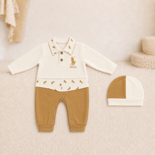 Early-Winter Polo Romper Set with Cap – Cream & Camel