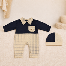 Checkered Early-Winter Romper Set with Cap – Navy & Beige