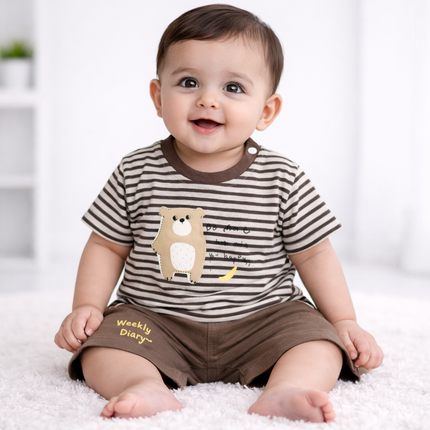 Cute Bear Baby Boy 2-Piece Summer Set (Striped T-Shirt & Shorts – Brown)