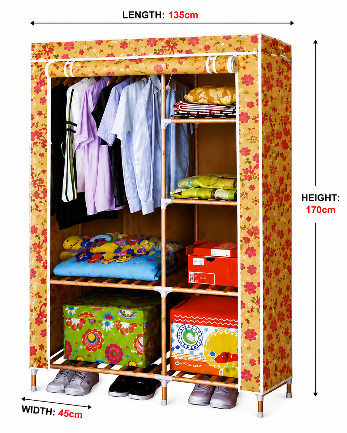 Portable Wardrobe Closet  – Dustproof Clothes Organizer with Hanging Rod & Multi-Tier Storage Shelves