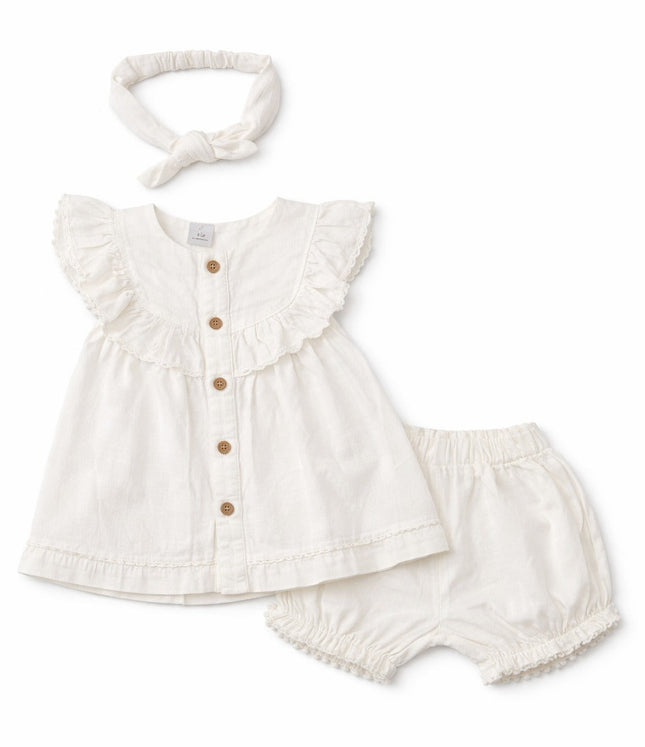 Baby Girl Off-White Summer Dress Set with Headband (3-Piece)