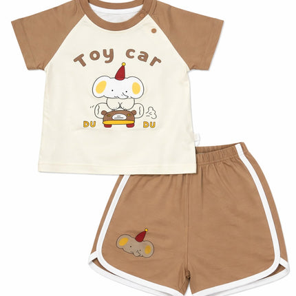 Baby Boy Toy Car Summer Co-Ord Set – Cream & Brown (2 Piece Outfit)