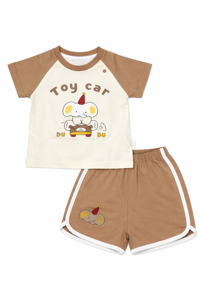 Baby Boy Toy Car Summer Co-Ord Set – Cream & Brown (2 Piece Outfit)