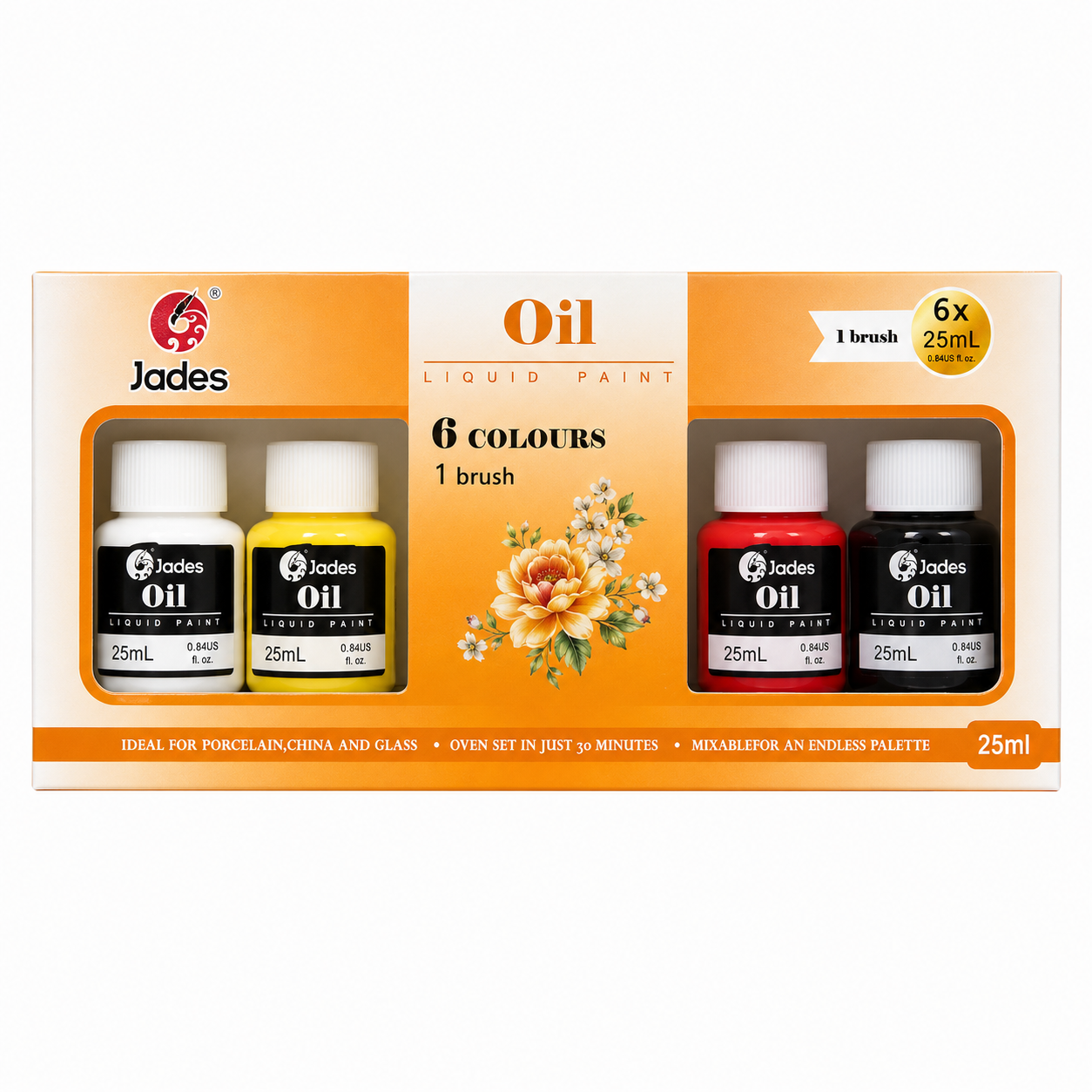 Jades Oil Liquid Paint Set – 6 Vibrant Colours with Brush (25ml Each) | Premium Oil-Based Paint for Glass, Ceramic & Porcelain