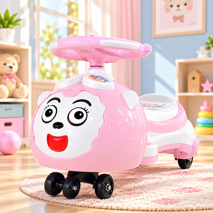 Cute Pink Cartoon Ride-On Car for Kids – Fun Steering Wheel Toy