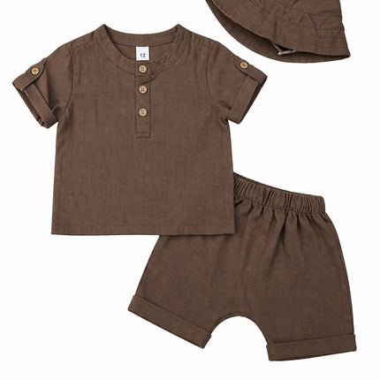 Baby Boy 3-Piece Chocolate Linen-Blend Set: Henley Tee, Cuffed Shorts & Matching Sun Hat